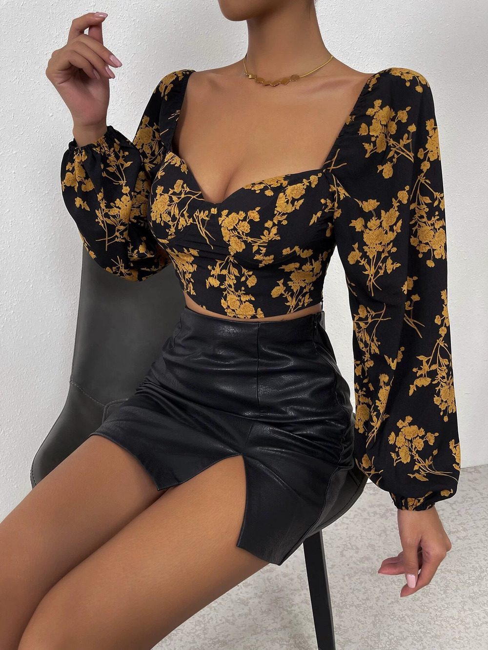 ZARA Retro Floral Square Neck Puff Sleeve Short Blouse Spring Summer